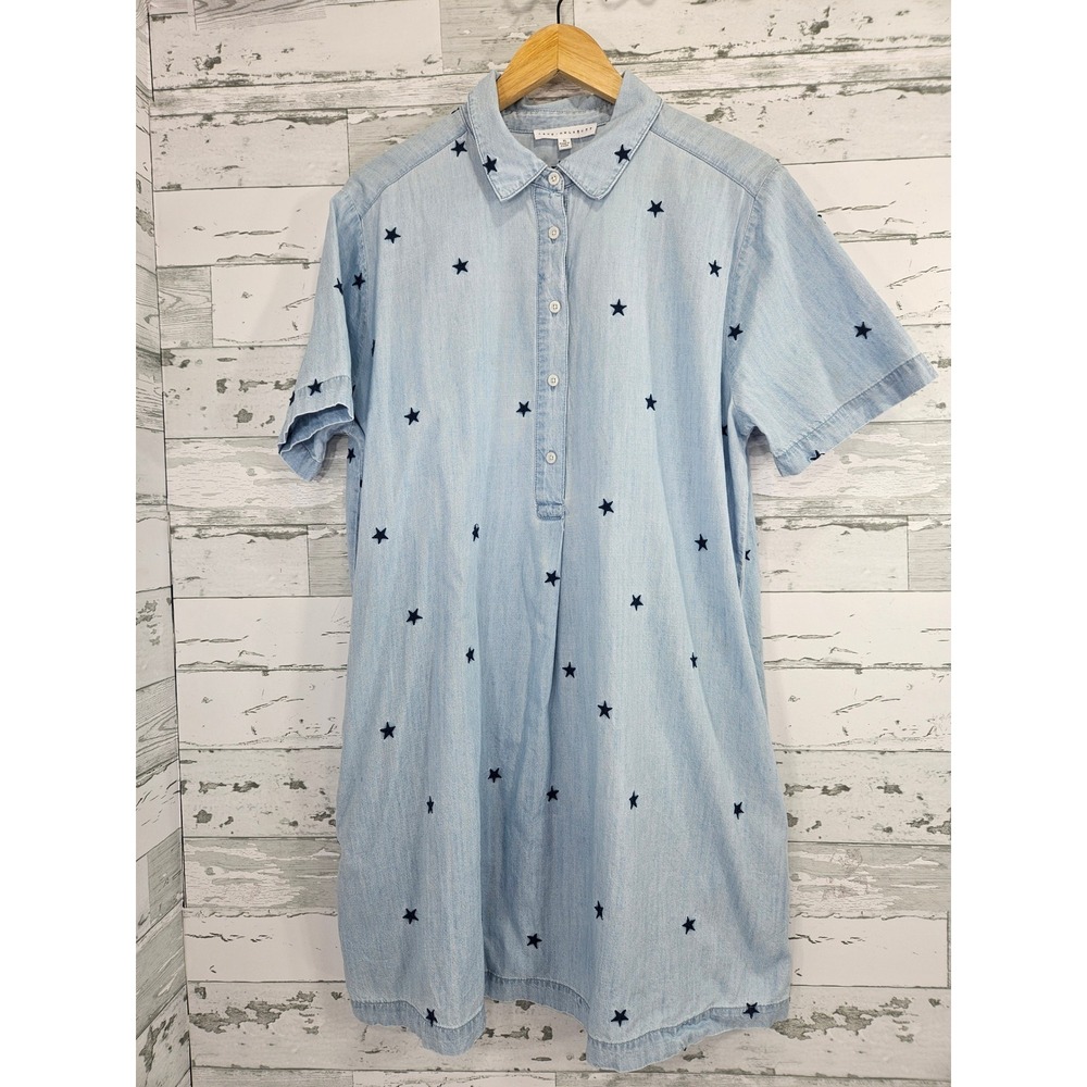 Jane + Delancey Womens XL Blue Star Embroidered Denim Shirt Dress Short Sleeve